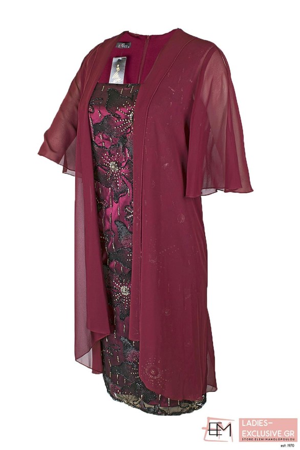 EFFEECT Φόρεμα μπορντό με κεντημένη δαντέλα και μουσελίνα